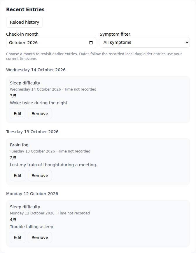 The SNRBoost app with fictional dated sleep and brain fog entries, reported impact and notes.